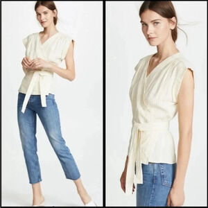 FRAME Denim Linen Wrap Striped Yellow and White Top Size Medium